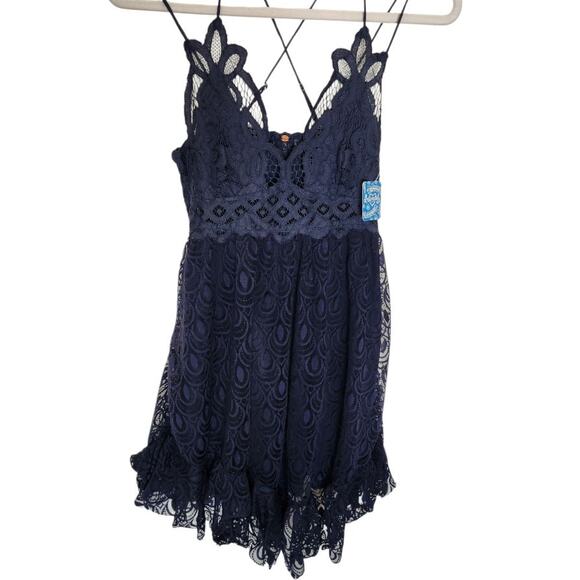 Free People FP One Adella Burnout Velvet Slip Lace Navy Blue Dress Sz Small NWT - Picture 3 of 6